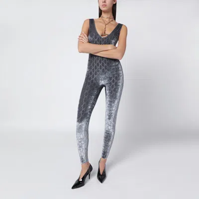 Gucci Grey Velvet Jumpsuit With Crystal Gg Embroidery In Gray