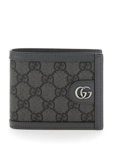 Gucci Grey Wallet With Gg Supreme Motif And Metallic Double G Logo In Fabric And Leather Man In Multicolor