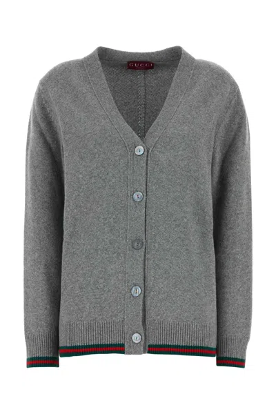 Gucci Wool And Cashmere Cardigan With Web Band In Gray