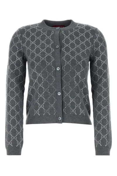 Gucci Gg Embellished Wool Jacquard Cardigan In Grey