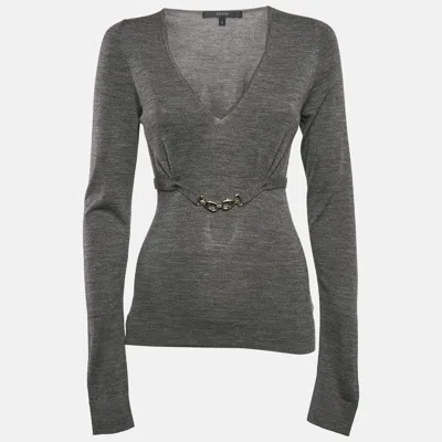 Pre-owned Gucci Grey Wool Knit Belted Long Sleeve Top S