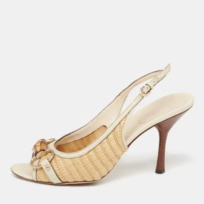 Pre-owned Gucci Grey/beige Raffia And Leather Bamboo Horsebit Slingback Sandals Size 36.5