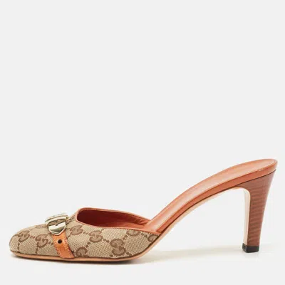 Pre-owned Gucci Grey/brown Canvas And Leather Mules Size 38.5