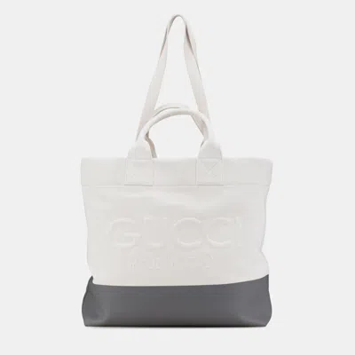 Pre-owned Gucci Grey/white Canvas Embossed Logo Tote