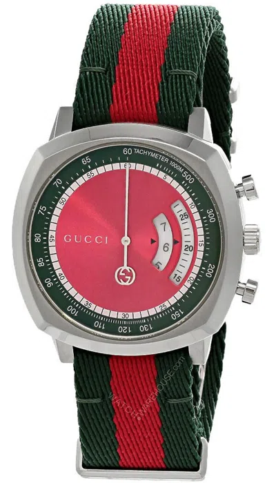Pre-owned Gucci Grip 40mm Ss Red/green Dial Fabric Strap Men's Watch Ya157304
