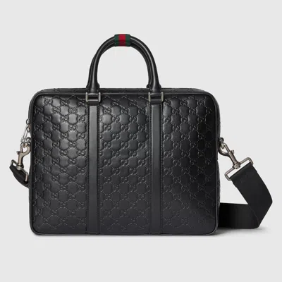 Gucci Men Gg Emblem Leather Briefcase With All-over Gg Motif In Black