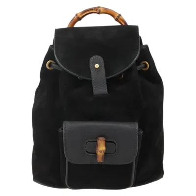 Pre-owned Gucci Bamboo Backpack Daim Black Denim_jeans Backpack Bag ()