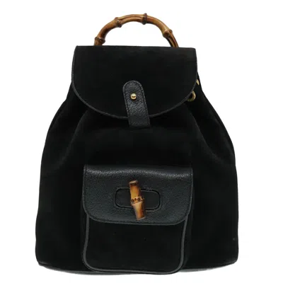 Pre-owned Gucci Bamboo Backpack Daim Black Suede Backpack Bag ()