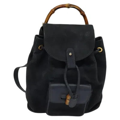 Pre-owned Gucci Bamboo Backpack Daim Navy Suede Backpack Bag () In Blue