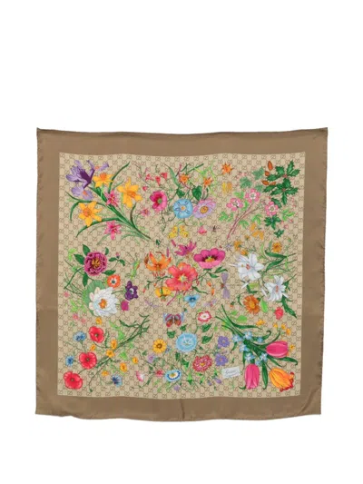 Gucci Flora Silk Foulard In Brown
