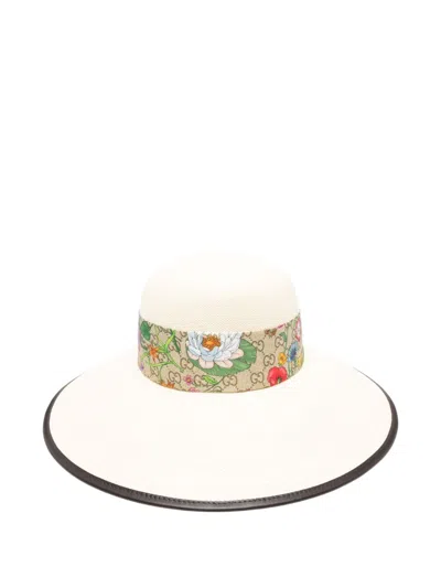 Gucci Beige Flora Floral Panama Hat In White