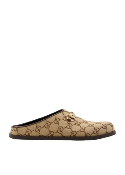 Gucci Gg Supreme Horsebit Mules In Camel And Dark Brown Feature The Signature Monogram Canvas, In Neutral