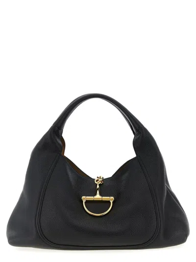 Gucci Women Black Shoulder Bag With Horsebit Closure In Grained Leather Woman
