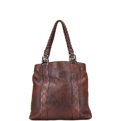 Pre-owned Gucci Ssima Brown Leather Canvas Shoulder Bag Tote Bag ()