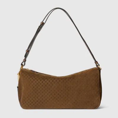 Gucci Medium Half Horsebit Brown Suede Shoulder Bag Women