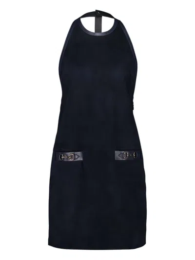 Gucci Halterneck Leather-trimmed Suede Mini Dress In Blue