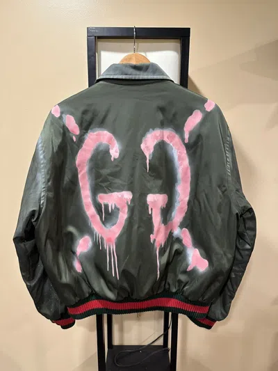 Pre-owned Gucci Hand Painted Ghost Bomber Olive Green Jacket
