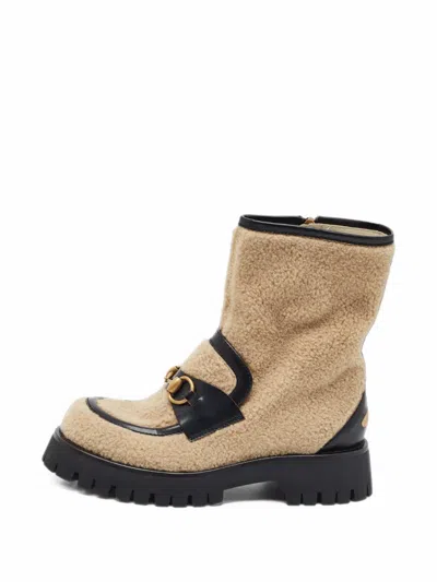 Pre-owned Gucci Harald Horsebit Shearling Boots In Neutrals