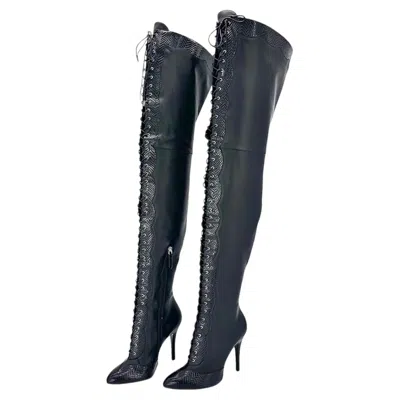 Pre-owned Gucci Harriet Thigh High Snake Emboss Pointed Toe Heeled Boots 39 In Black