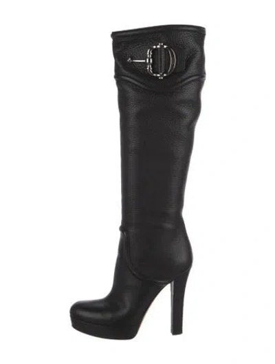 Pre-owned Gucci Hasler Horsebit Accent Leather Boots In Black