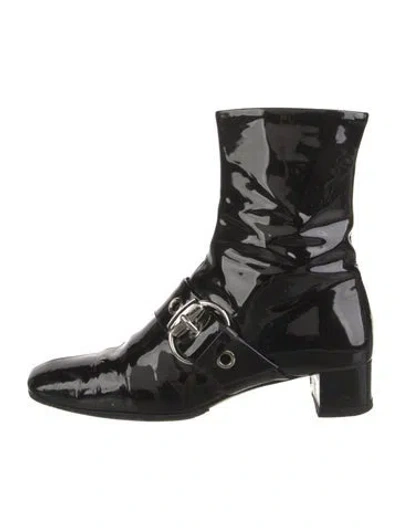 Pre-owned Gucci Hasler Horsebit Accent Patent Leather Moto Boots In Black