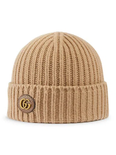 Gucci Womens Camel Double G Ribbed Wool-blend Knitted Beanie Hat In Beige
