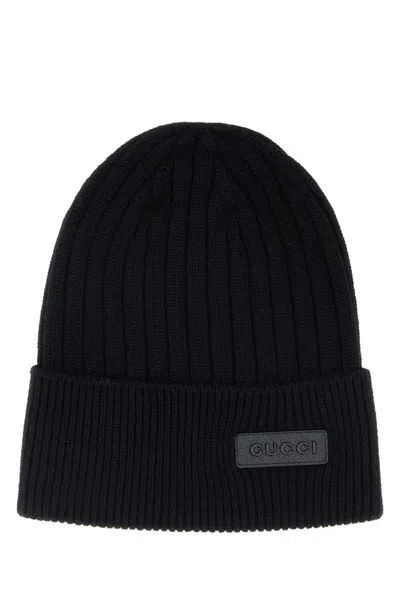 Gucci Hat Ribbed Wool Beanie In Black