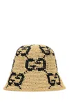 Gucci Beige Raffia Hat With Black Gg Logo Embroidery