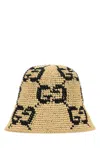 Gucci Beige Raffia Hat With Black Gg Logo Embroidery