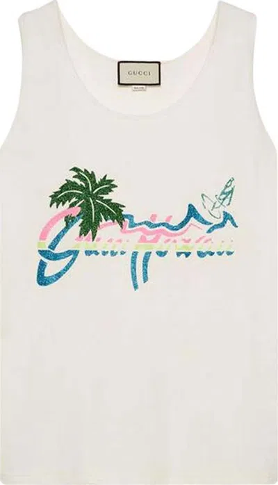 Pre-owned Gucci Hawaii Print Tank Top In White