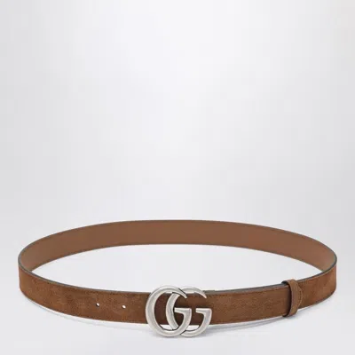 Gucci Hazelnut Suede Belt With Gg Marmont Buckle In Brown