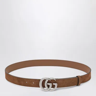 Gucci Hazelnut Suede Belt With Gg Marmont Buckle Men In Brown