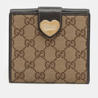 Pre-owned Gucci Heart Beige/brown Gg Canvas And Leather Wallet In Sand