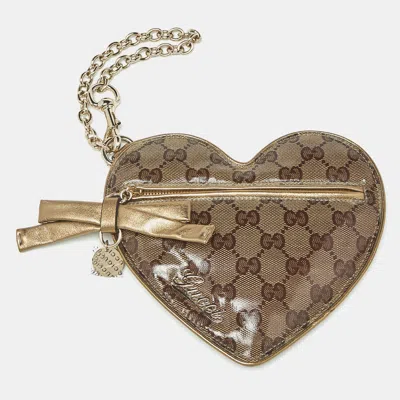 Pre-owned Gucci Heart Beige/gold Gg Crystal Canvas And Leather Pouch In Sand