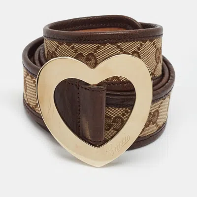 Pre-owned Gucci Heart Buckle 90cm Belt Beige/brown Gg Canvas And Leather In Sand