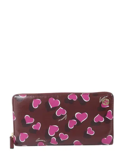 Pre-owned Gucci Heartbeat-print Zip-around Wallet In Brown