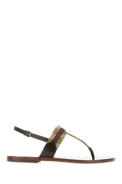 Gucci Leather-trimmed Thong Sandals In Ebony