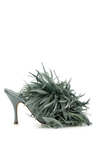 Gucci Satin Mules Featuring Feather Embellishment Detail In Green