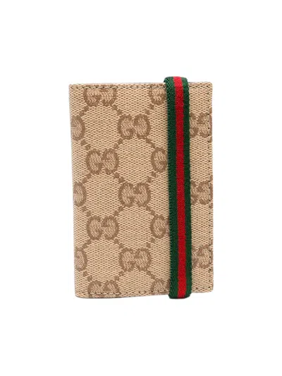 Gucci Height 12 Cm; Width 7.5 Cm Mini Wallet With Green And Red Web Detail And 4 Compartments In Beige