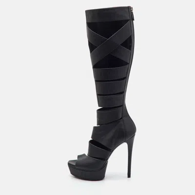 Pre-owned Gucci Helena Size 36.5 Black Cut-out Leather Gladiator Platform Knee Length Boots