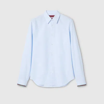 Gucci Striped Cotton Shirt With Web In Blue