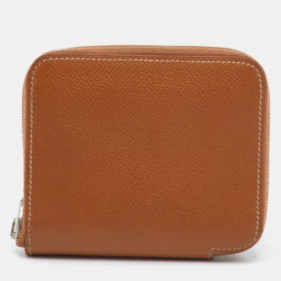 Pre-owned Gucci Hermes Azap Silk'in Gold Epsom Leather Compact Wallet In Brown