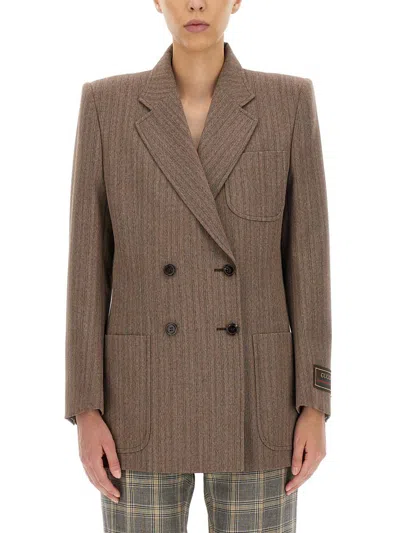 Gucci Double Breasted Herringbone Wool Coat In Brown