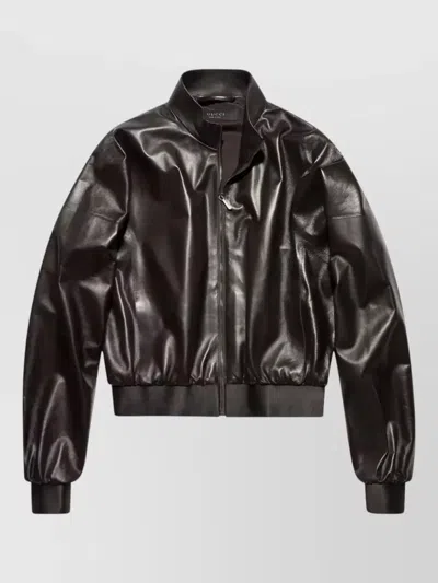 Gucci High Collar Jacket Ribbed Cuffs Hem In Black
