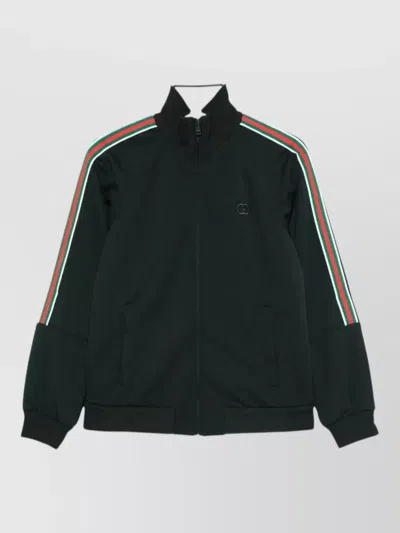 Gucci High Collar Jacket Ribbed Cuffs Stripes In Green