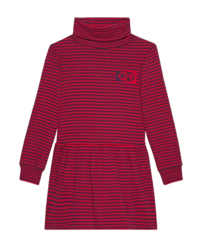 Gucci High-neck Striped Cotton Dress In Red