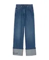 Gucci Wide-leg Denim Jeans With Leather Logo Tag And Roll-up Ankle Cuffs For Women In Blue