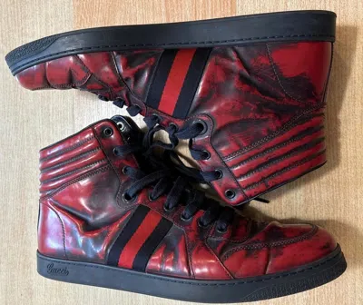 Pre-owned Gucci High Top Sneakers Red 11.5 Leather Lace Up Gg