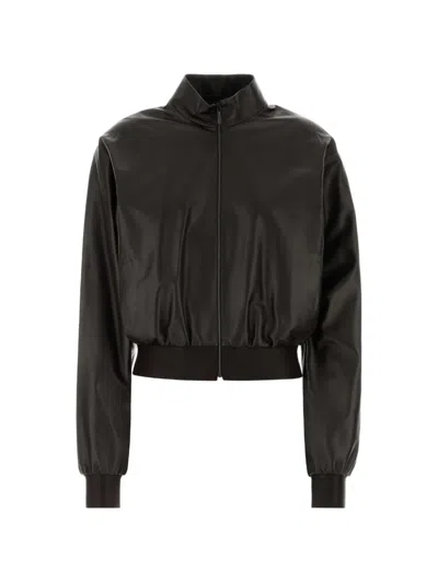 Gucci High-neck Leather Bomber Jacket In Brown