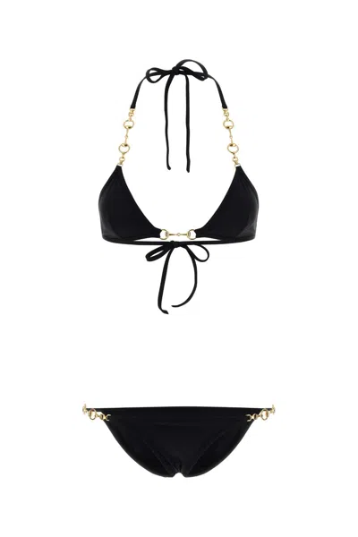 Gucci Hobrsebit Detail Triangle Bikini Set In Black